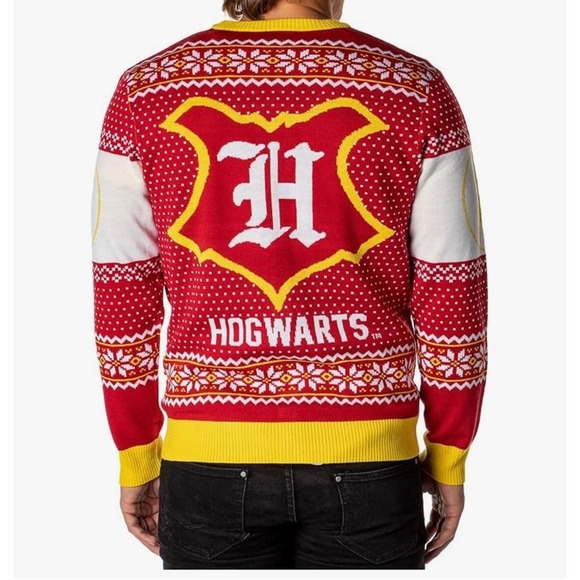 Harry Potter Hogwarts Houses Christmas Cardigan Sweater Red & Yellow Crest Large - Picture 3 of 8